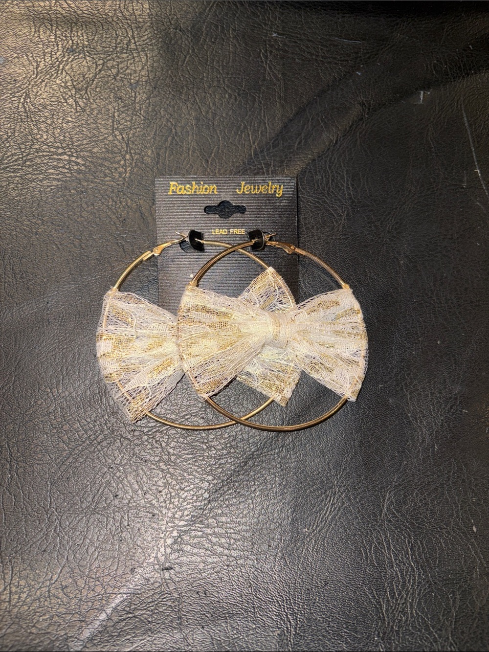 Fashion Jewelry Gold Hoop Earrings with Ivory Lace Bow